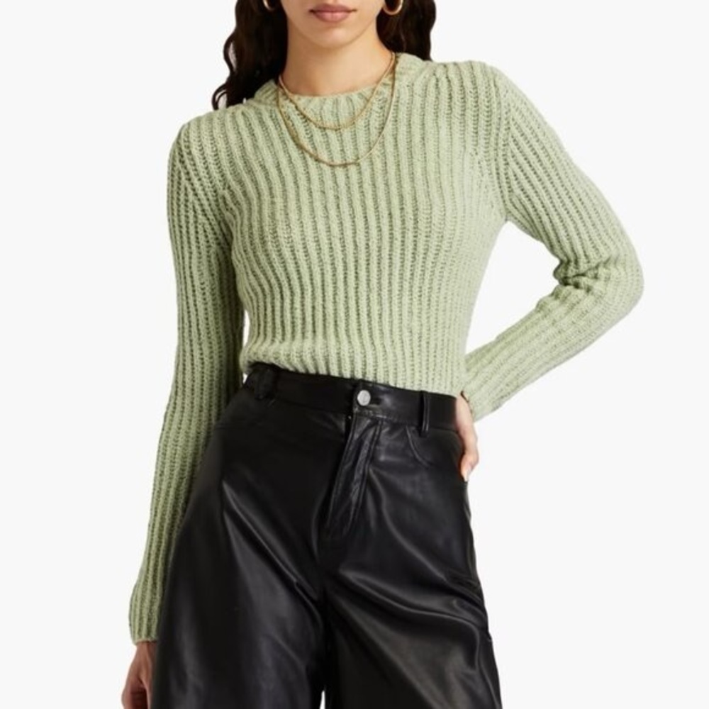 VINCE Crimped Cotton Sweater Green Crew Neck Long Sleeve